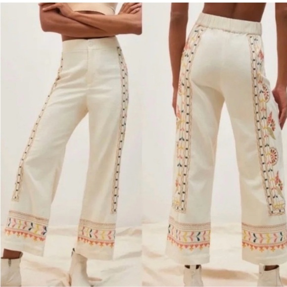 Anthropologie Pants - Anthropologie Cream Pants with Colorful Embroidery